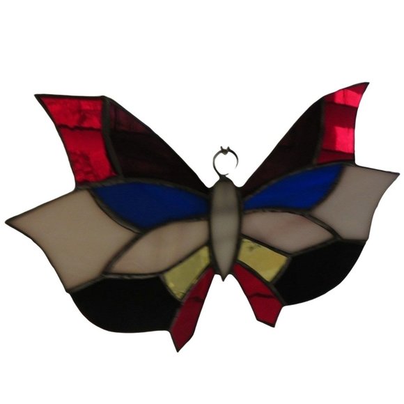 Vintage Stained Glass Butterfly Hand-Crafted Sun Catcher Red Blue White - Picture 4 of 12